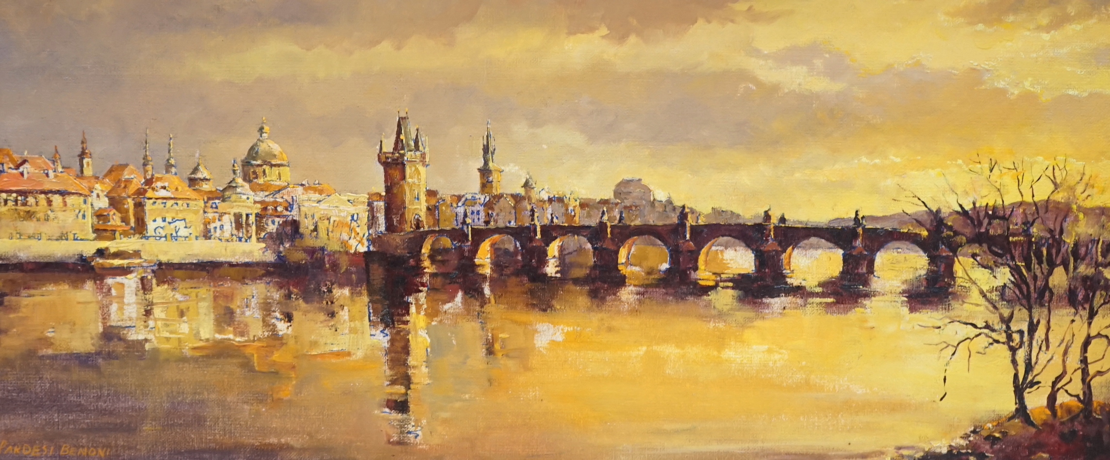 Pardesi Benoni, oil on canvas board, View of Prague, signed, 21 x 49cm